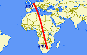 Direct flight path from Johannesburg to Brussels