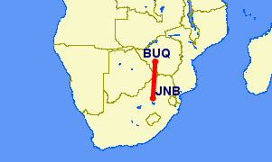 Shortest flight path from Johannesburg to Bulawayo