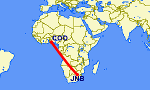 Flight path from Johannesburg to Cotonou