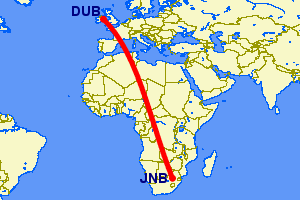 Shortest flight path from Johannesburg to Dublin
