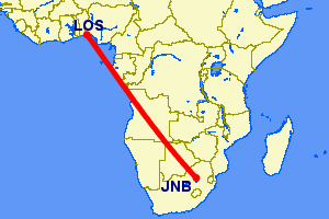 Shortest flight path from Johannesburg to Lagos