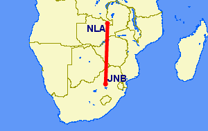 Johannesburg to Ndola flight path