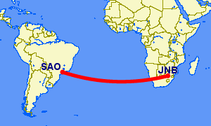 Shortest flight path from Johannesburg to Sao Paulo