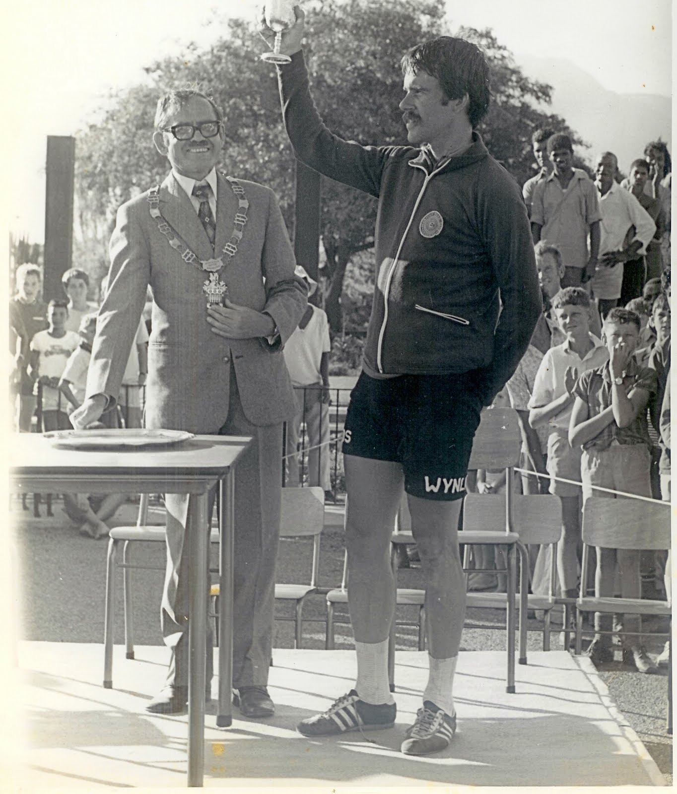 on the podium in the 1975 Cape Winelands Cycling competition