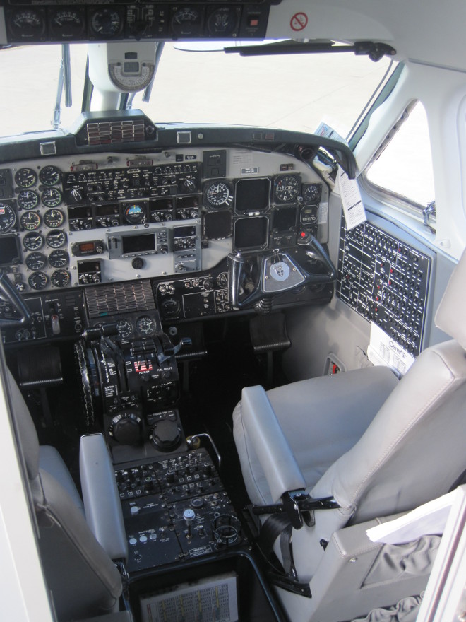 Cockpit of a FlyCemair Beechcraft plane