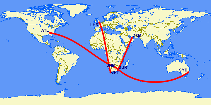 international flight routes from Cape Town, Durban and Johannesburg