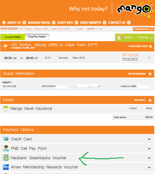 Booking a Mango Airlines flight with Nedbank Greenbacks