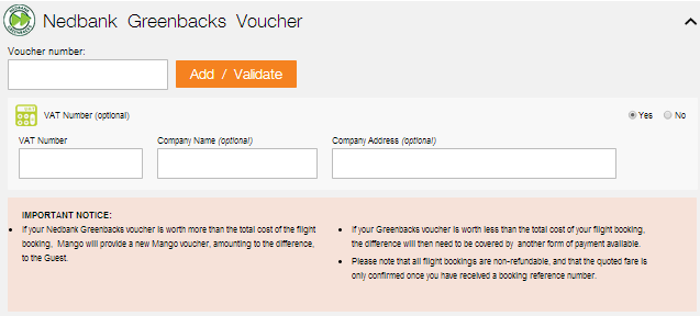 Nedbank Greenbacks Vouchers - details required to book a Mango flight