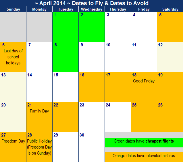 Cheapest flight dates & expensive flight dates in South Africa in April 2014