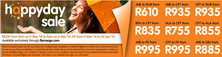 Mango Airlines happy day sale on the 5th & 6th March 2014