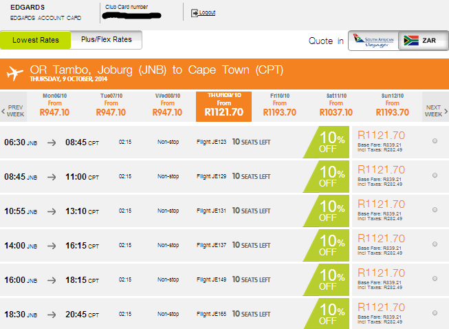 10% discounts to Edgars Account holders on Mango Flights