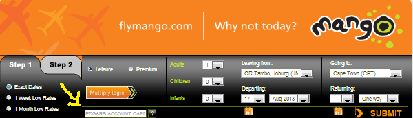 Mango Airlines Edgars card booking space
