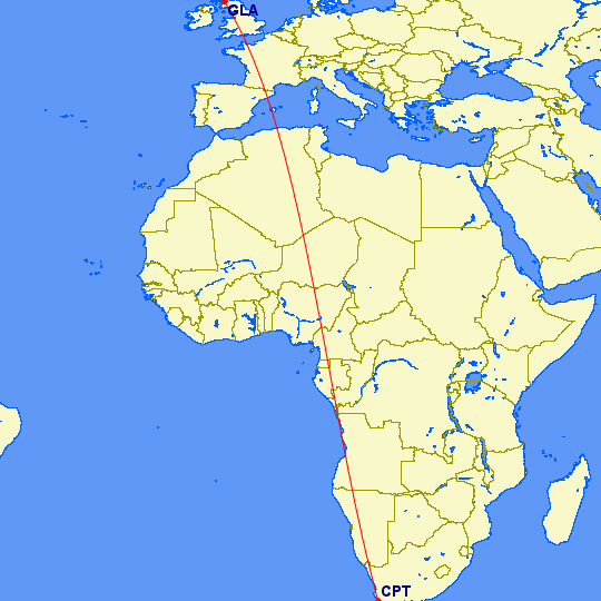 shortest flight path from Glasgow to Cape Town, South Africa