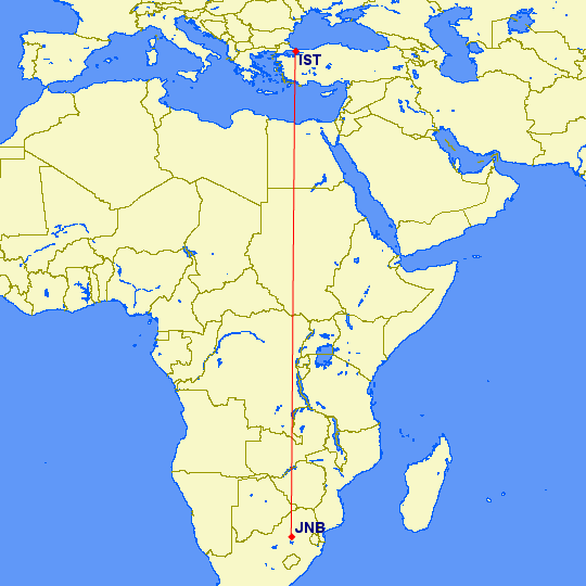 Istanbul to Johannesburg flight path