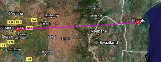 flight path from Maputo to Johannesburg