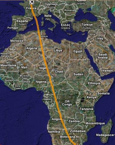 Flight path from Paris to Johannesburg