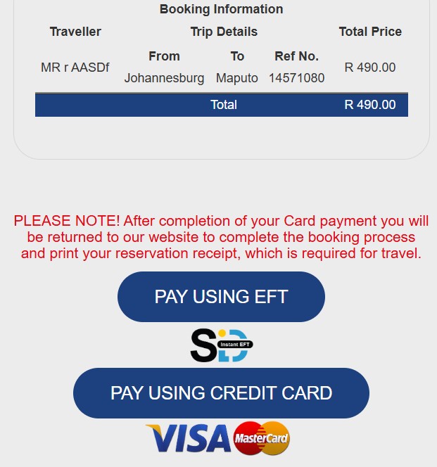 City to City bus ticket payment options - EFT or Credit Card