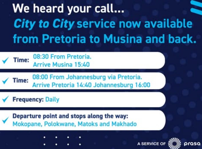 City to City Pretoria and Johannesburg to Musina route details