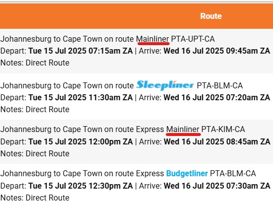 Route information in the Intercape booking process includes information on whether the option is a Mailiner coach, Sleepliner coach or Budgetliner coach.