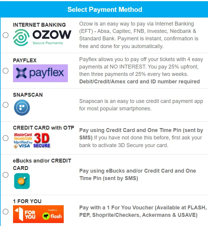 Intercape payment options -  OZOW, PAYFLEX, Snapscan, 3D SECURE, eBucks or 1FORYOU