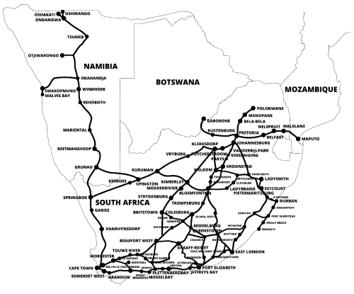 Map of southern Africa with Intercape routes in South Africa, Botswana, Namibia and Mozambique