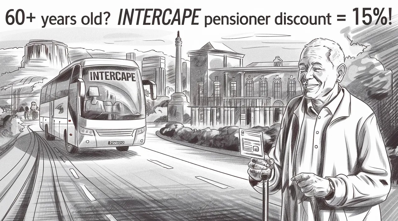 Intercape bus with senior citizen and text saying that the Intercape pensioner discount is 15 percent