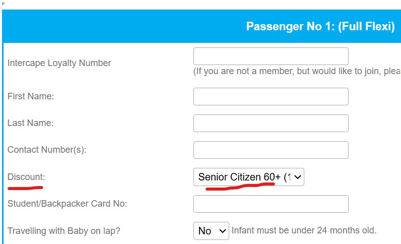 Intercape booking engine entry section for Discount with Senior Citizen 60+ selected