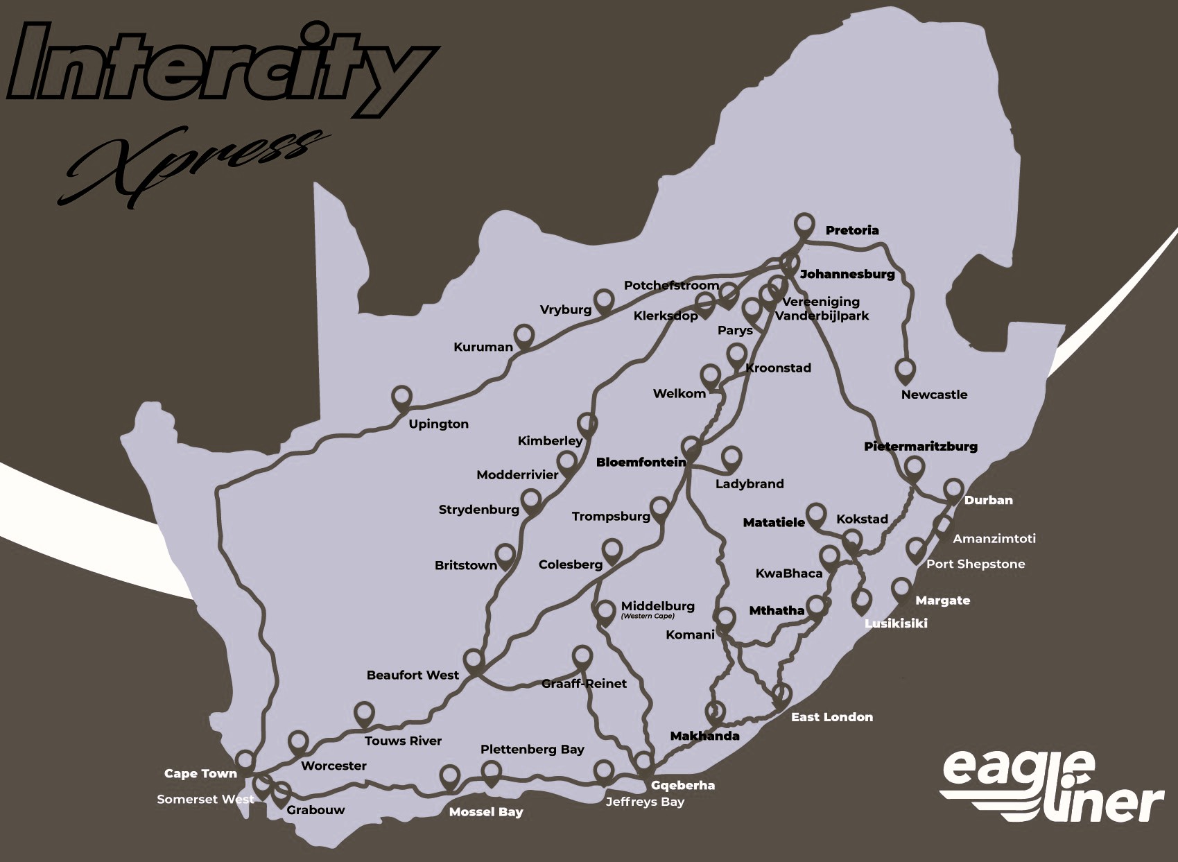 Intercity Express South Africa bus route map