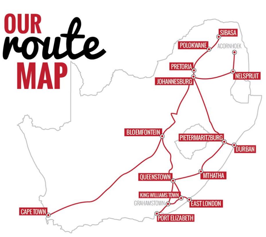 APM's main routes; pinpointing Acornhoek, Bloemfontein, Cape Town, Durban, East London, Grahamstown, Johannesburg, King Williams Town, Mthatha, Nelspruit, Pietermaritzburg, PolokwanePort Elizabeth, , Pretoria, Queenstown and Sibasa. 
