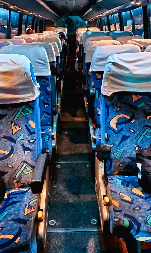 The 2x2 seating in a Big Tree coach