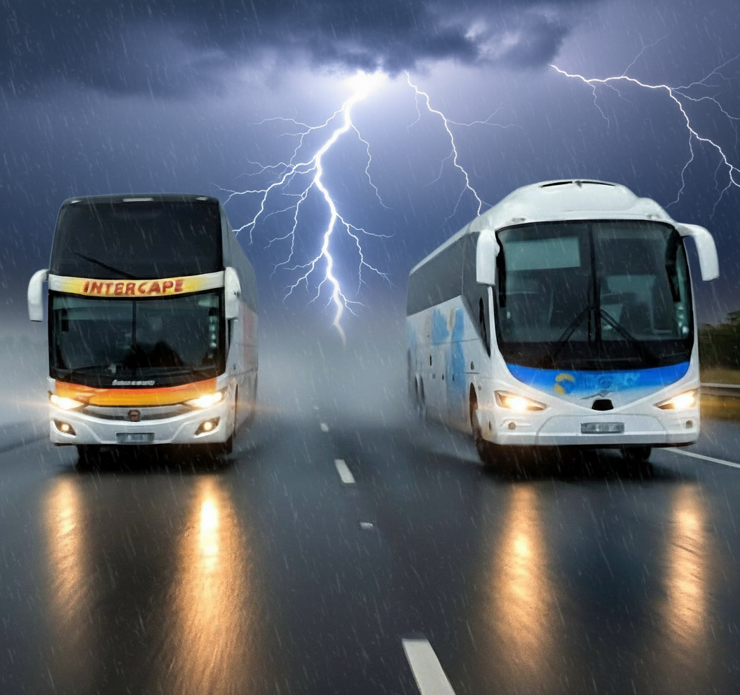 Intercape and Big Sky Intercity buses driving through a lightning storm