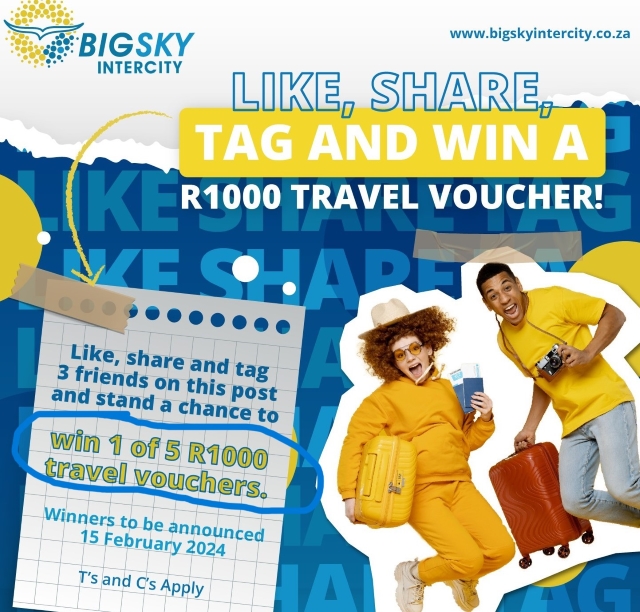 Win 1 of 5 R1000 Big Sky Intercity travel vouchers by liking, sharing and tagging on Facebook