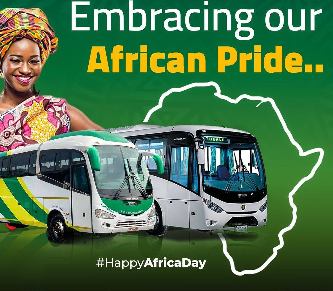 Munenzwa buses with an outline of Africa and text - Embracing our African Pride