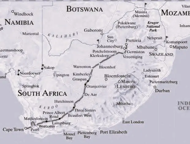 Map of The Blue Train route from Pretoria to Cape Town