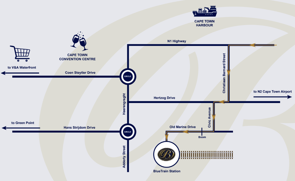 Map with directions to the VIP Blue Train Lounge at Cape Town Station
