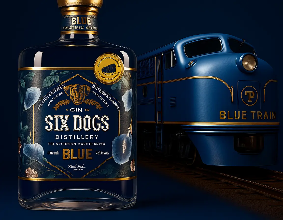 Six Dogs blue gin is available on the Blue Train