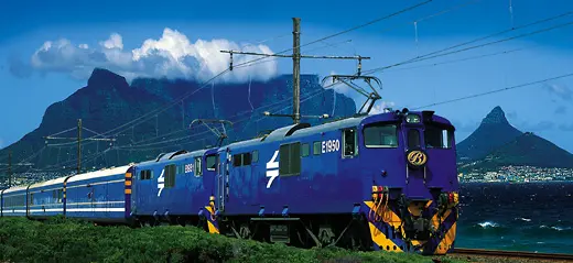 Blue Train in Cape Town with Table Mountain in the background