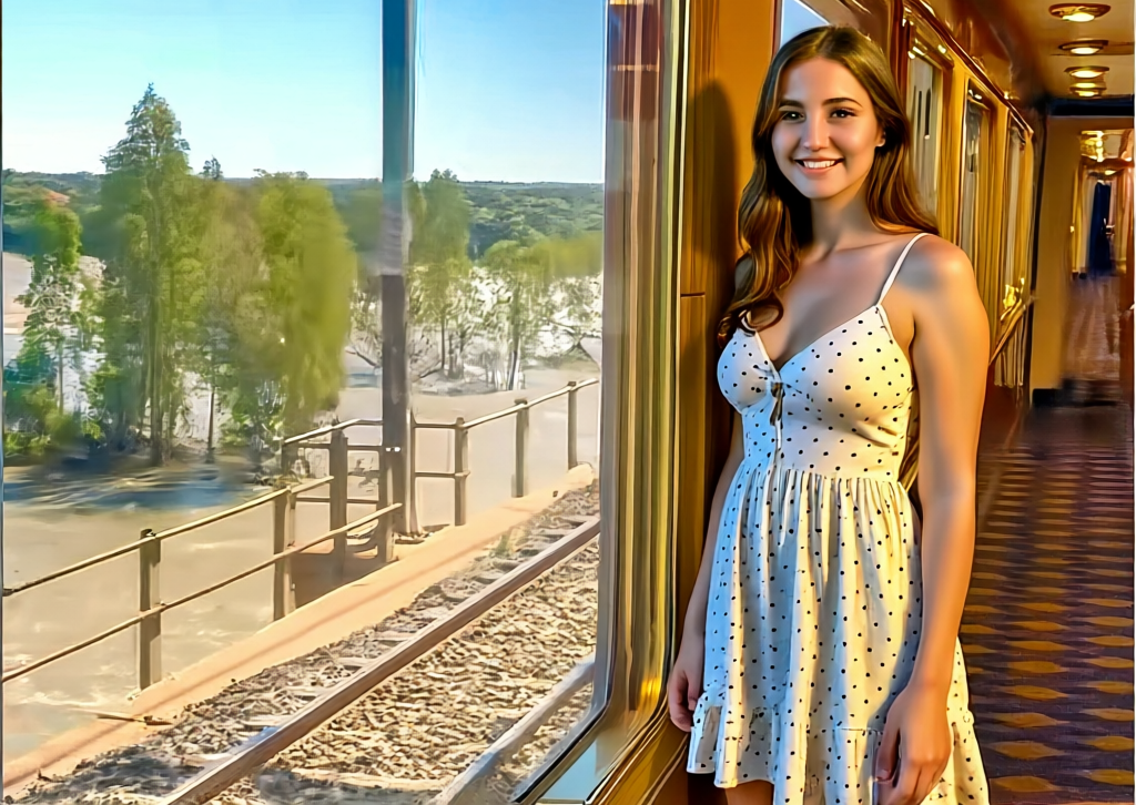 Lady posing for a photo in the Blue Train with the orange river in the background