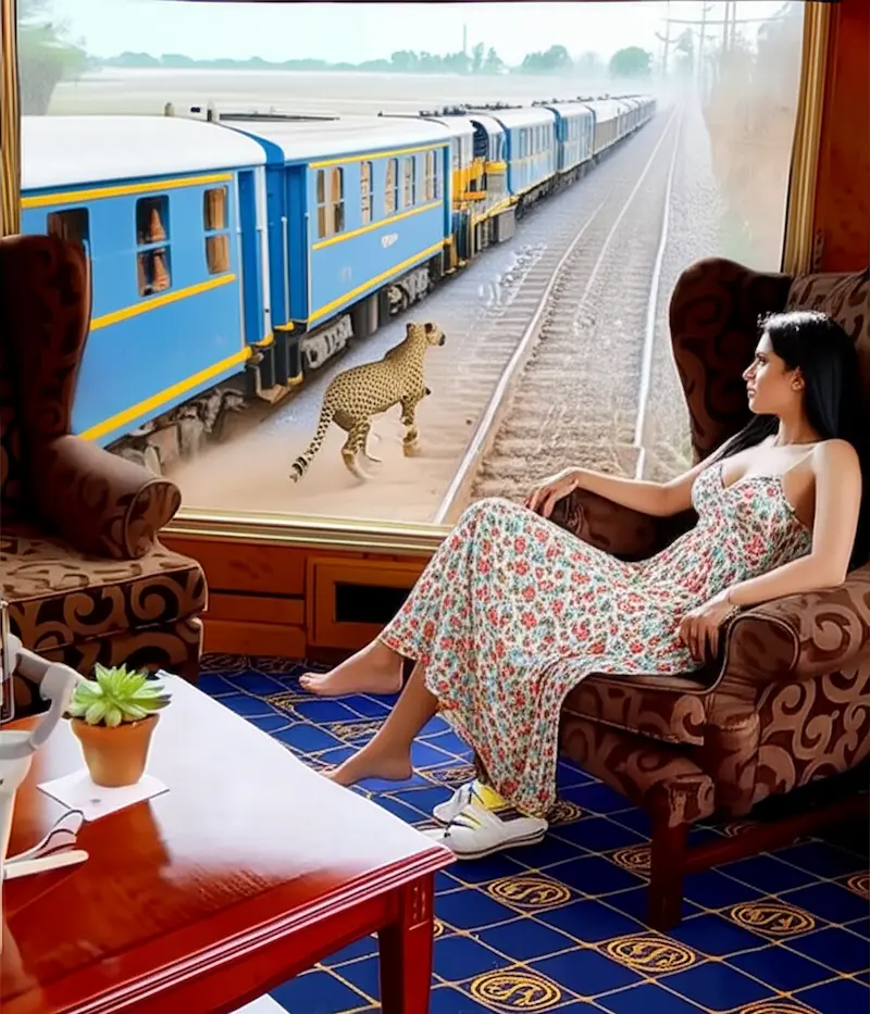 Lady relaxing in the observation car of The Blue Train watching a cheetah outside