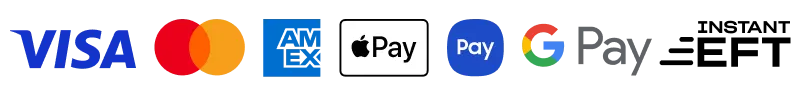 Logos for VISA, Mastercard, American Express, Apple Pay, Google Pay and Instant EFT