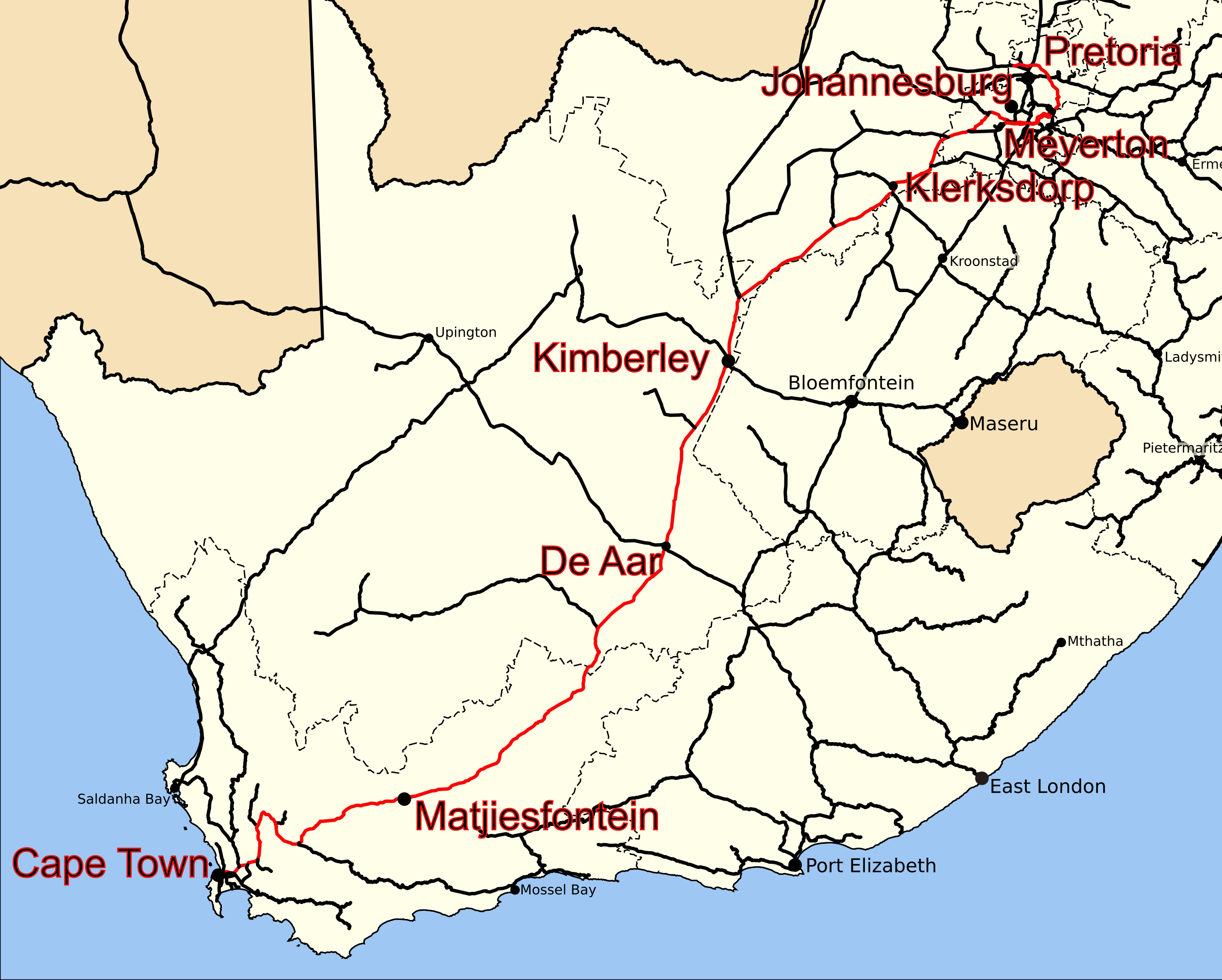 Map of Rovos Rail train route from Cape Town to Pretoria
