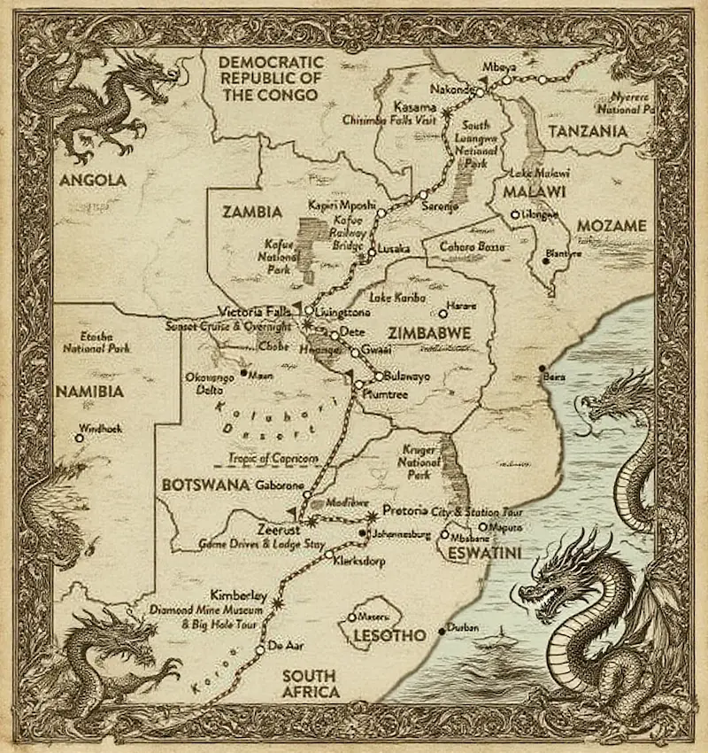 Ancient styled illustrative map of the Rovos Rail route spanning from Cape Town, South Africa up to Dar es Salaam, Tanzania