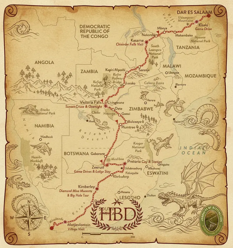 Ancient styled illustrative map of the southbound Rovos Rail route spanning from Dar es Salaam, Tanzania down to Cape Town, South Africa