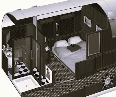 Rovos Rail Pullman Suite Layout showing daytime sofa converting to bed