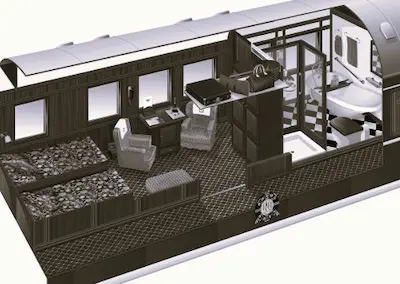 Rovos Rail Royal Suite Layout showing Victorian bathtub