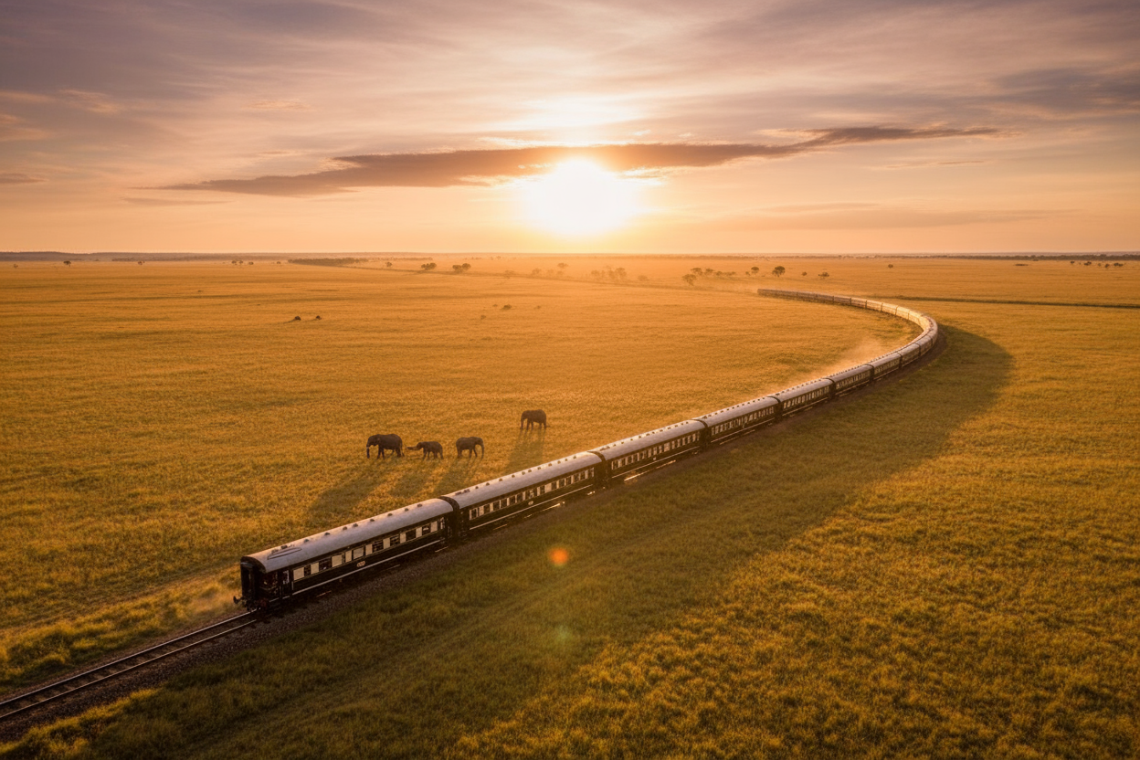 Rovos Rail train in the African savannah with elephant walking near it
