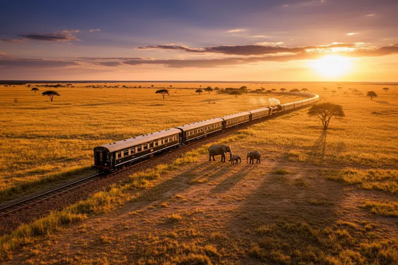 Rovos Rail train passing through the African savannah at sunrise with an elephant visible in the distance