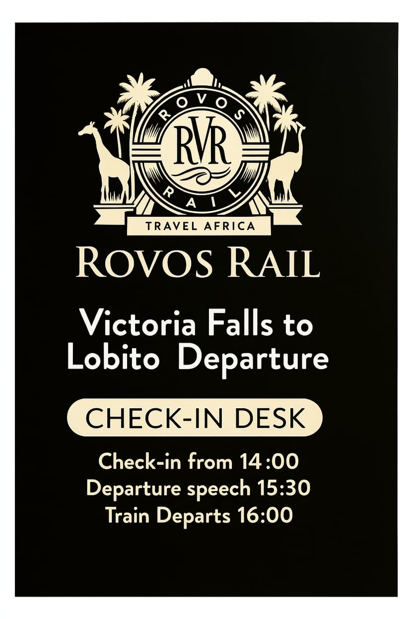 Sign for ROVOS RAIL Victoria Falls to Lobito Departure CHECK-IN DESK. Check-in from 14h00. Departure speech 15h30. Train Departs 16h00.