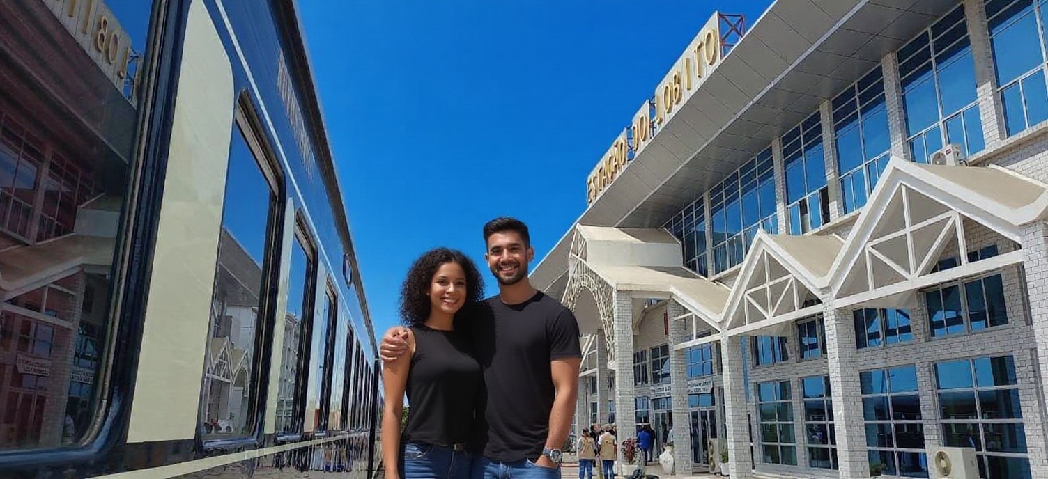Couple posting for a photo with a Rovos Rail train at Lobito Train Station