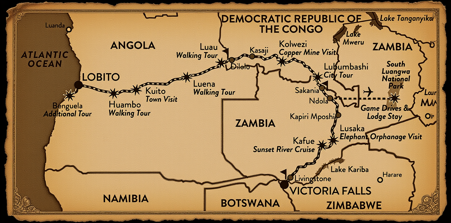 Ancient looking explorer map of the train route for Rovos Rail from Victoria Falls to Lobito